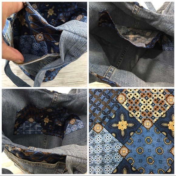 Boho Hippie Patchwork Denim Blue Jean Hand Bag Handmade Print Fabric - Picture 3 of 9